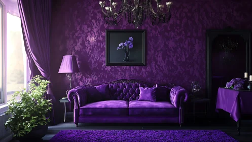 Lush purple living room invites cozy, dramatic relaxation time