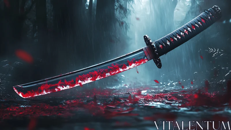 Bloodstained katana blade suspended over rain soaked forest floor.
