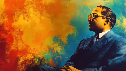 Portrait of dignified leader against blazing color field.