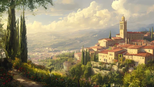 Sunlit hillside village overlooking Tuscan valley panorama.