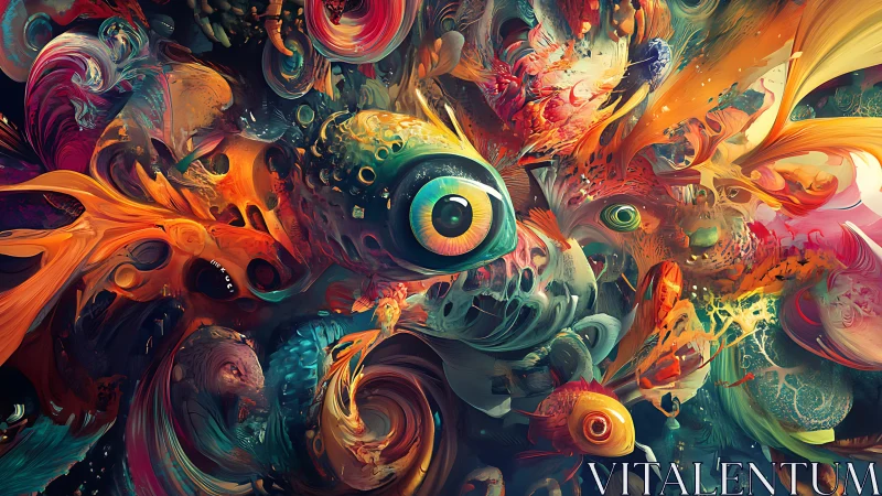 Glowing cosmic fish swirl through a dreamily painted ocean sky