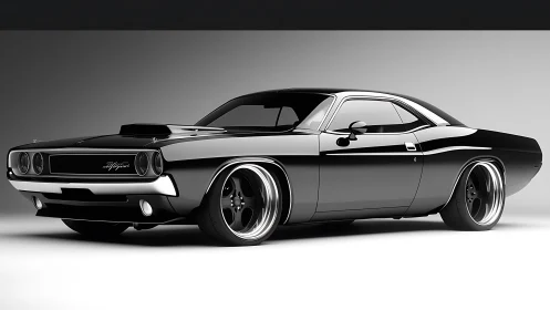 Black classic muscle car render showcases low, wide stance