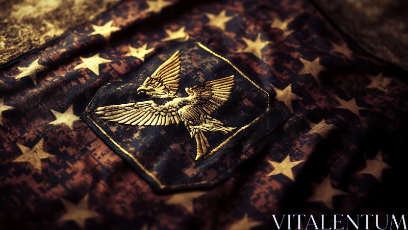 Embroidered golden eagle crest rests on worn star field