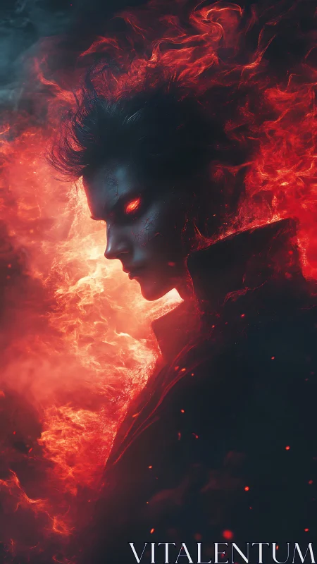 Fiery humanoid profile glows with red embers and smoke