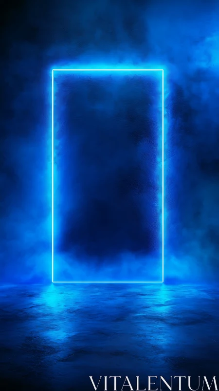 Neon rectangular portal in blue atmospheric digital space.