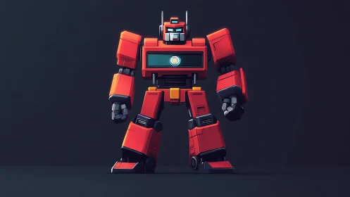 Red blocky robot stands centered against dark background