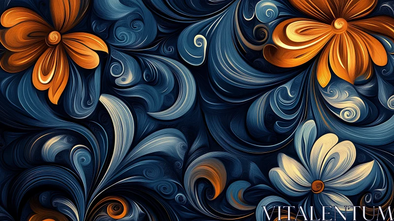 Whirling midnight florals in swirling blue and amber light.