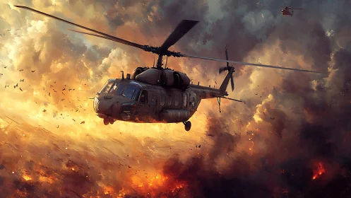 Combat helicopter banks through inferno-lit smoke with dynamic motion blur