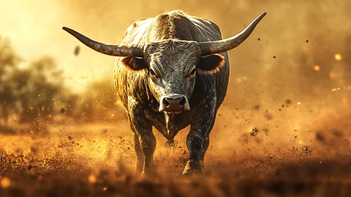 Long-horned bull moving through dust in warm backlight.