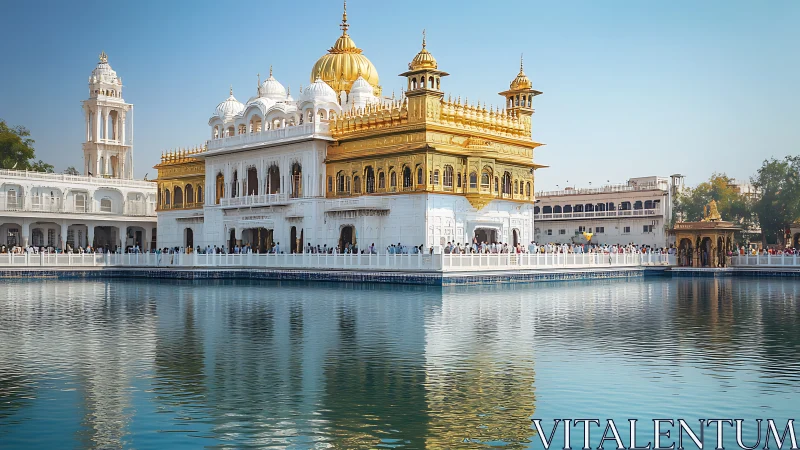Golden temple complex reflected in still blue water