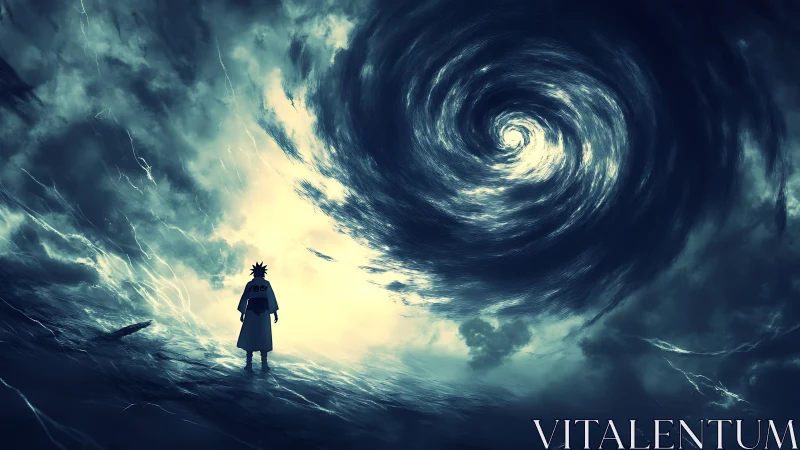 Solitary figure under swirling luminous vortex in sky.