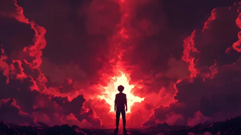 Young dreamer standing before a blazing sky of wonders.