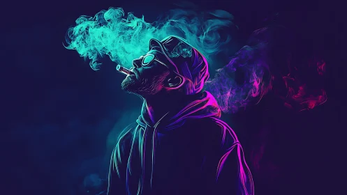 Neon outlined figure smoking against dark abstract background.