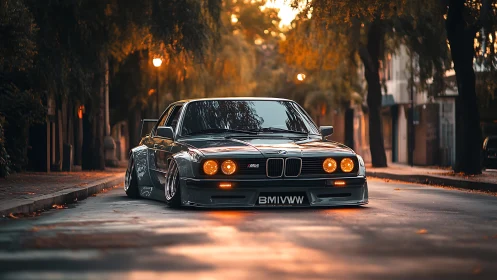 Photoreal low-stanced BMW sedan in warm urban twilight streetscape.