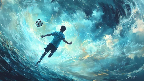 Electric waves swirl as a bold soccer player chases the ball