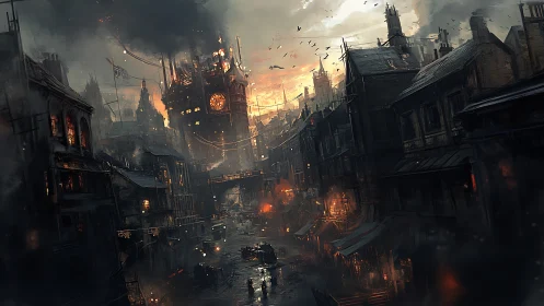 Smoky steampunk city street glows under a fading sunset sky