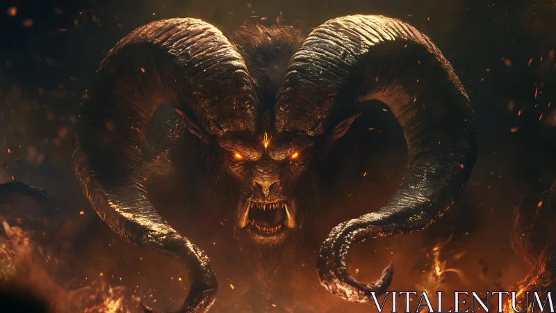 Horned demonic creature emerging from fire in darkness.