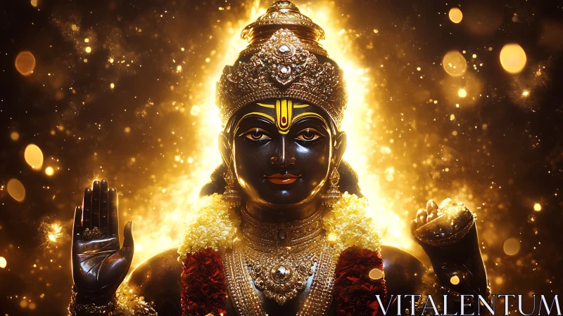 Radiant black-stone deity amid golden ethereal glow.