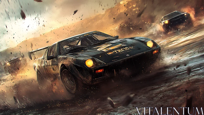 Rally race cars traversing wet off-road dirt track.