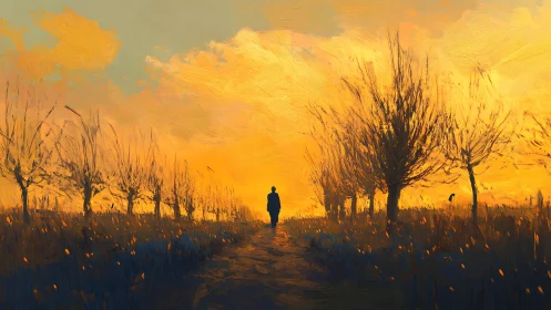 Sunset alley with solitary figure in expressive digital brushwork.