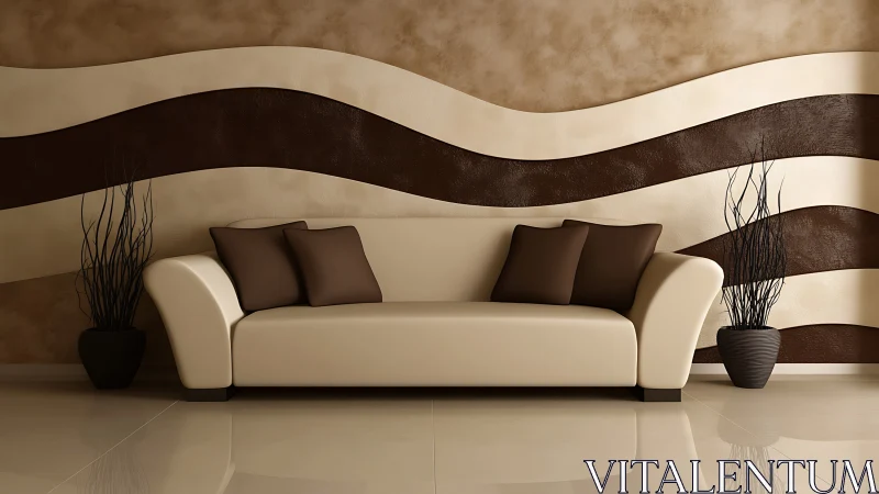 Beige sofa aligns with undulating brown and cream wall bands