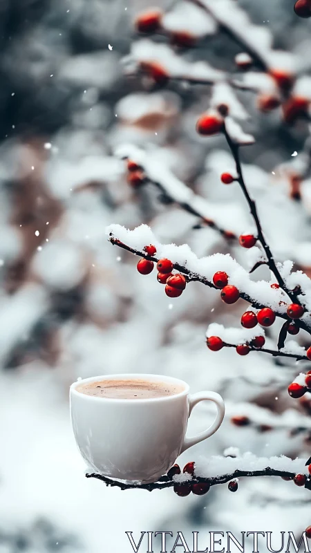 Snow covered berry branches framing steaming winter coffee