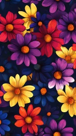 Vibrant Botanical Ensemble: Digital Floral Illustration on Deep Navy Ground.