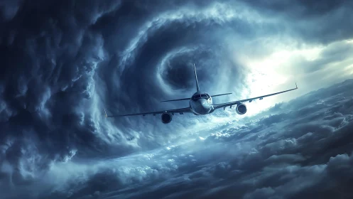 Passenger jet flies toward rotating storm vortex in clouds