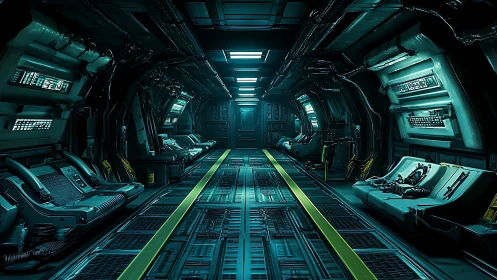 Futuristic starship corridor with teal industrial lighting.