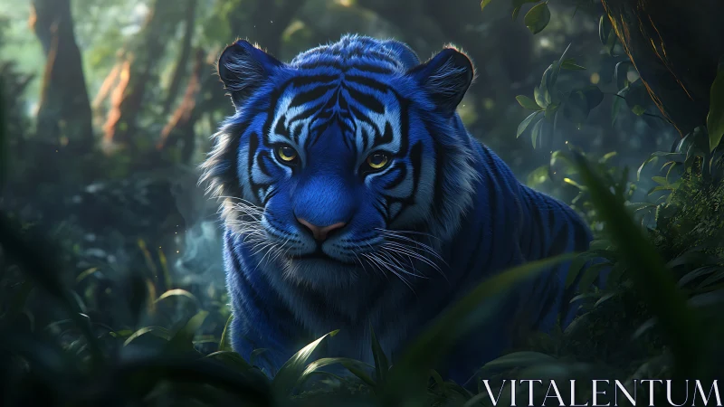 Blue tiger resting in dense green jungle foliage at dusk.