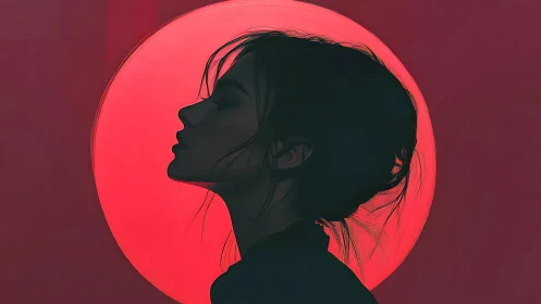 Quiet silhouette of a thoughtful woman against warm red glow.