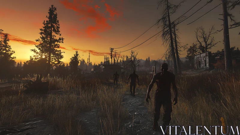 Zombies advance along a ruined road at burning sunset