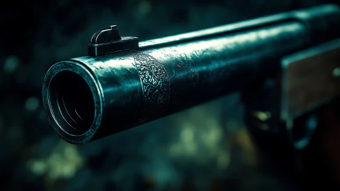 Metallic firearm barrel shows rifled bore and surface detail