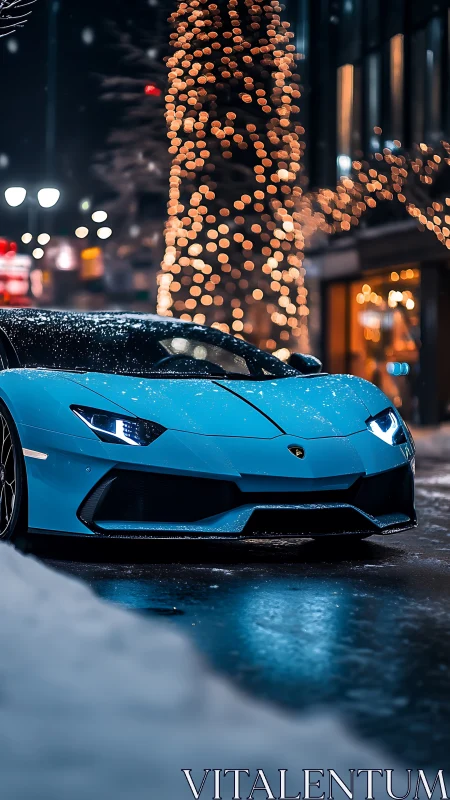 Ice-blue supercar prowls a neon winter city street at night.