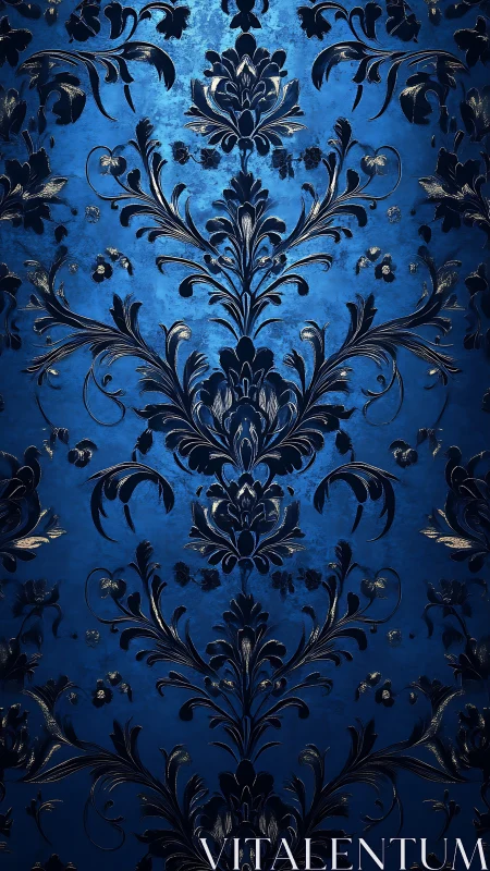Baroque blue damask pattern with ornate floral scrolls.