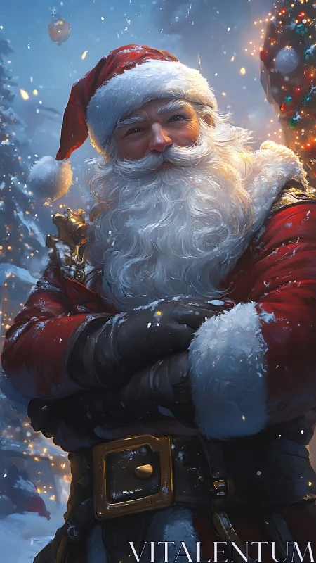 Regal Santa portrait in snowlit festive winter scene.