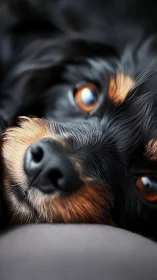 Close-up portrait of resting black and tan dog face.