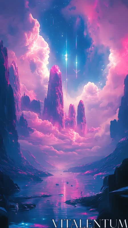 Starlit Neon Peaks Over a Dreamy Cosmic Lagoon.