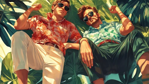 Two men in patterned shirts reclining on tropical leaves.