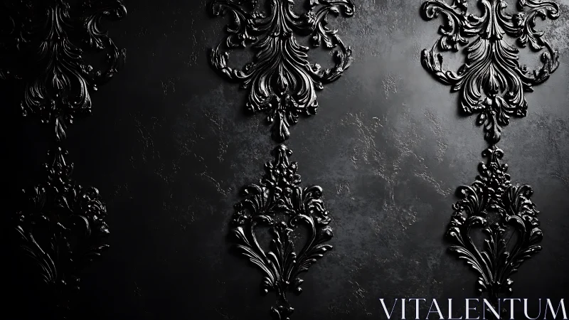 Embossed black baroque ornaments repeat on textured wall