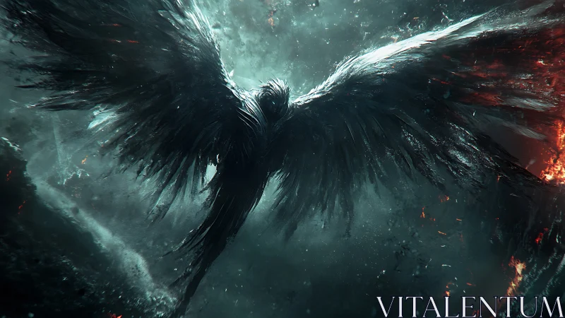 Shadow-winged guardian rising through storm and embers.