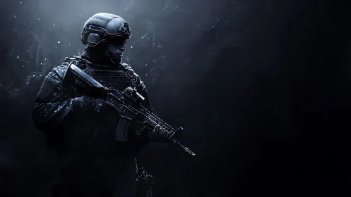 Shadow-clad tactical soldier waits in drifting blue haze.