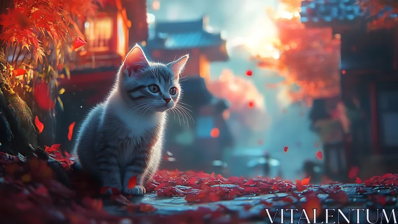 White kitten stands amid red petals in stylized urban setting.
