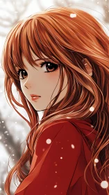 Winter snowfall surrounds a gentle girl in a red coat