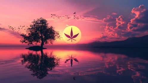 Surreal sunset lake scene merges nature with cannabis symbolism