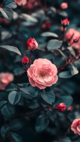 Pink Garden Roses with Teal Foliage Against Dark Background.