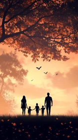 Golden evening walk with a silhouetted family beneath trees.