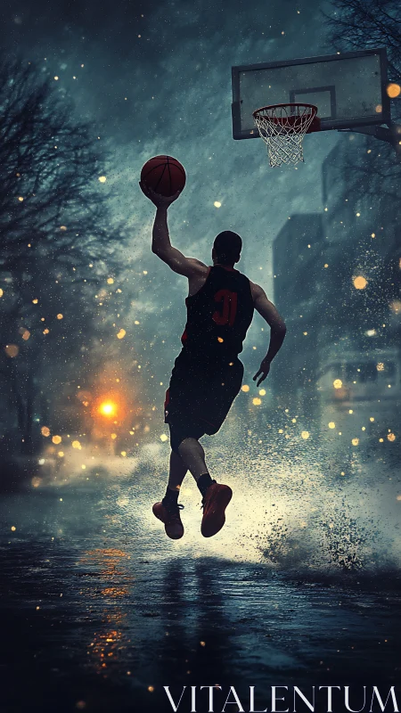 Nocturnal street basketball dunk through rain and bokeh haze.