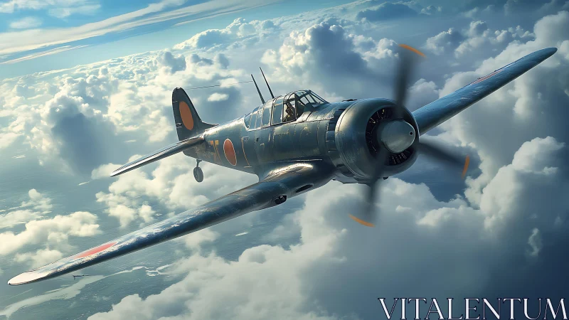 Vintage warplane gliding through sunlit clouds in calm skies.