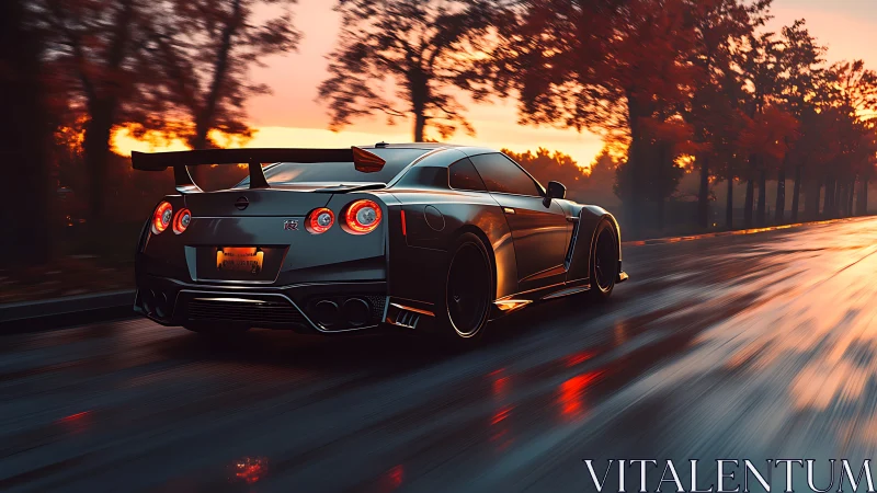 Aerodynamic sports coupe accelerates on wet forest road at dusk